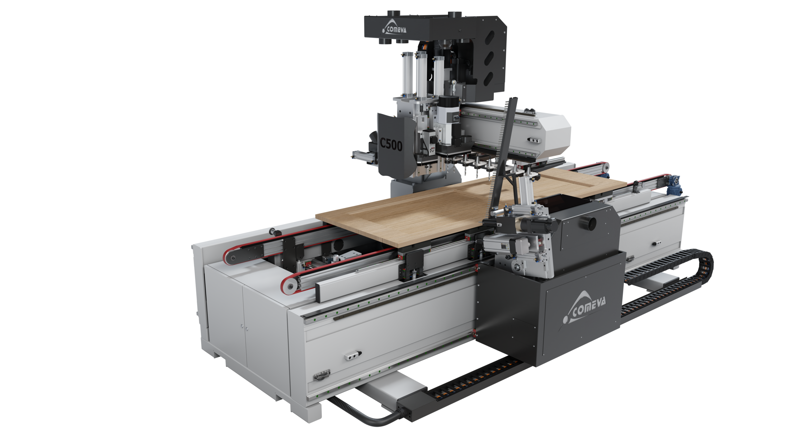C500-ANUBA 02 Fresadora C-500 ATC ANUBA: mecanizado CNC de puertas con inserción automática de bisagras para una producción más eficiente